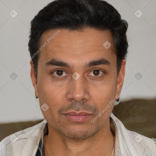 Joyful white adult male with short  black hair and brown eyes