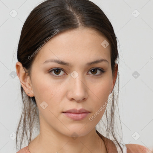 Neutral white young-adult female with medium  brown hair and brown eyes