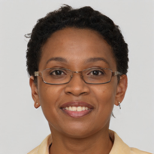 Joyful black adult female with short  brown hair and brown eyes