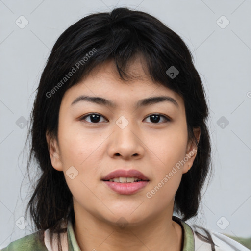 Neutral asian young-adult female with medium  black hair and brown eyes