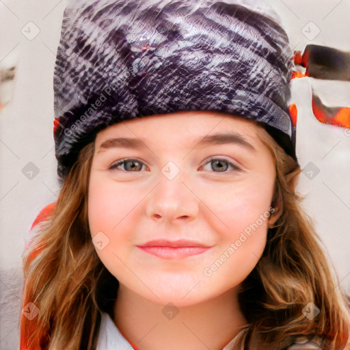 Joyful white child female with medium  brown hair and blue eyes