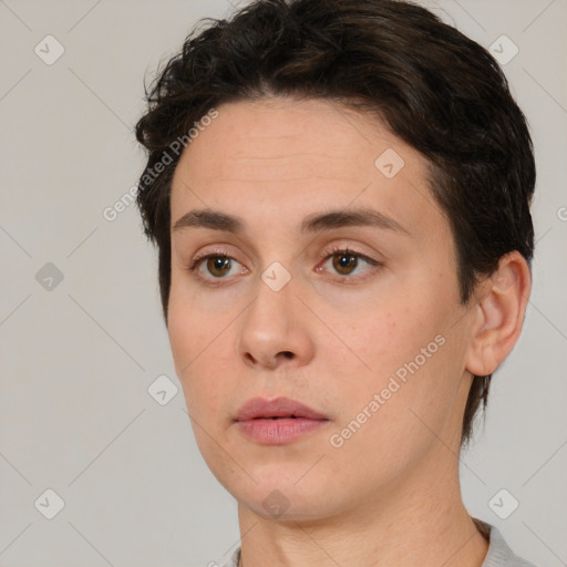 Neutral white young-adult female with short  brown hair and brown eyes