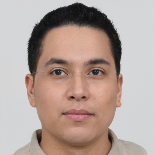 Neutral asian young-adult male with short  black hair and brown eyes