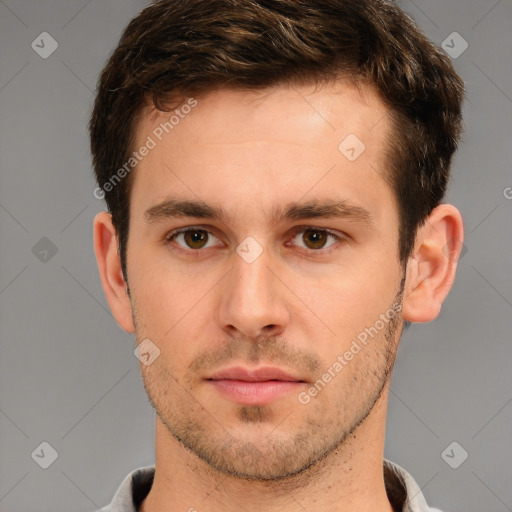 Neutral white young-adult male with short  brown hair and brown eyes