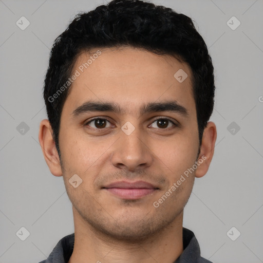 Joyful latino young-adult male with short  black hair and brown eyes