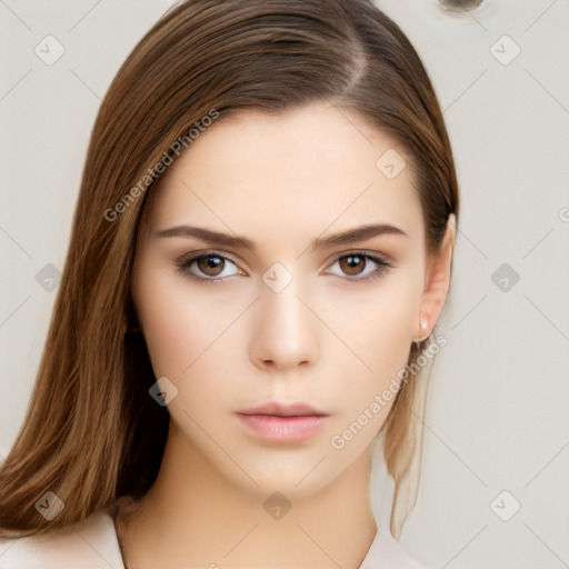 Neutral white young-adult female with long  brown hair and brown eyes