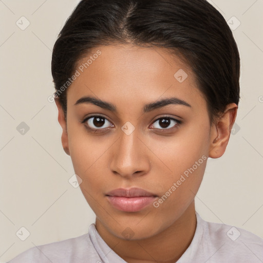 Neutral latino young-adult female with short  brown hair and brown eyes