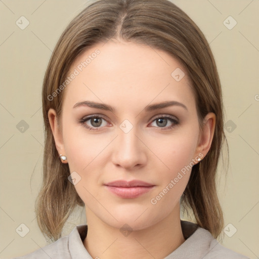 Neutral white young-adult female with medium  brown hair and green eyes