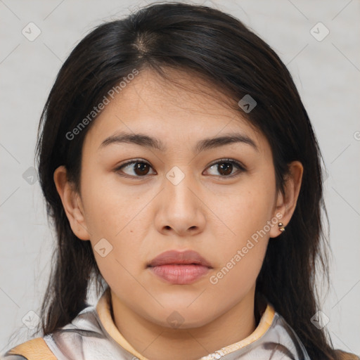 Neutral asian young-adult female with medium  brown hair and brown eyes