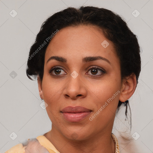 Joyful latino young-adult female with short  brown hair and brown eyes