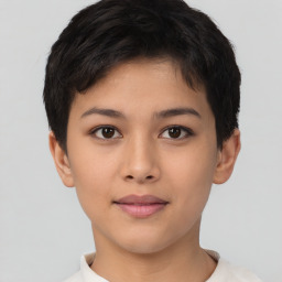 Neutral asian young-adult female with short  brown hair and brown eyes