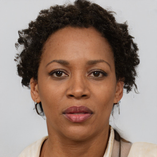 Neutral black adult female with short  brown hair and brown eyes