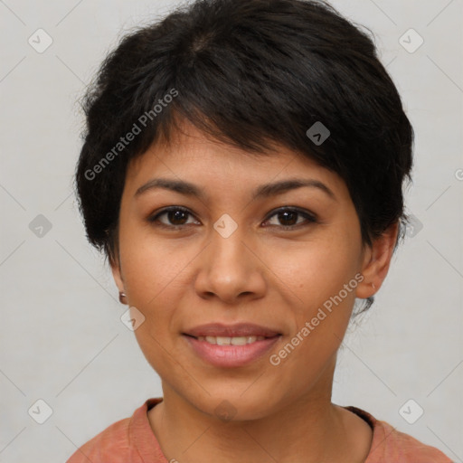 Joyful asian young-adult female with short  brown hair and brown eyes