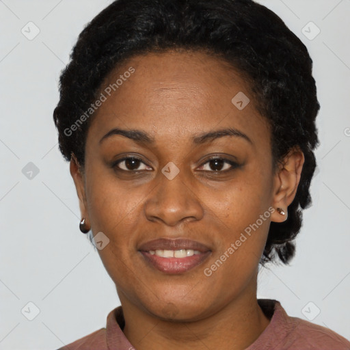 Joyful latino adult female with short  black hair and brown eyes