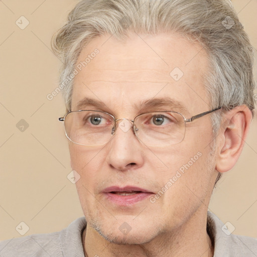 Neutral white middle-aged male with short  gray hair and brown eyes