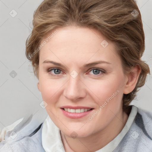 Joyful white young-adult female with medium  brown hair and blue eyes