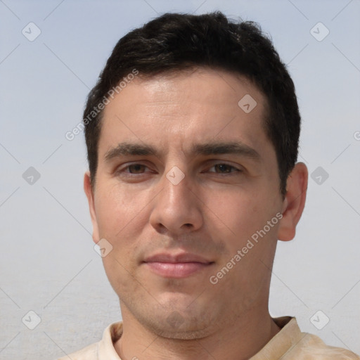 Neutral white young-adult male with short  brown hair and brown eyes