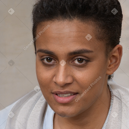 Joyful white young-adult female with short  brown hair and brown eyes