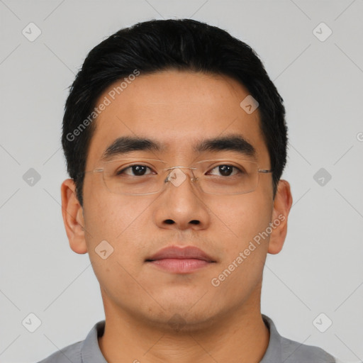 Neutral asian young-adult male with short  black hair and brown eyes