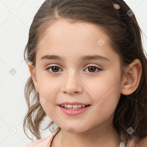 Joyful white child female with medium  brown hair and brown eyes