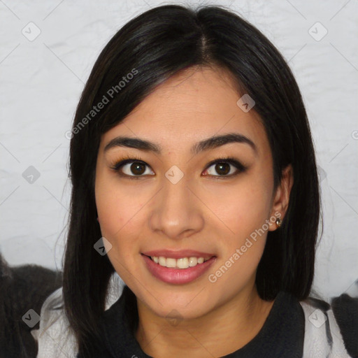 Joyful asian young-adult female with medium  black hair and brown eyes