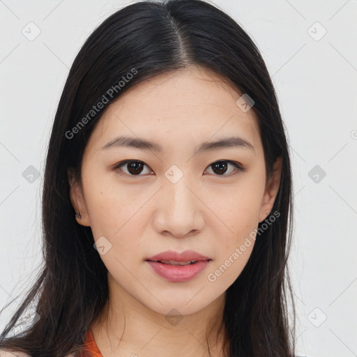 Neutral asian young-adult female with long  brown hair and brown eyes
