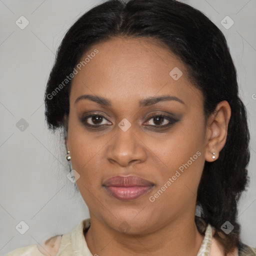 Joyful latino young-adult female with medium  brown hair and brown eyes