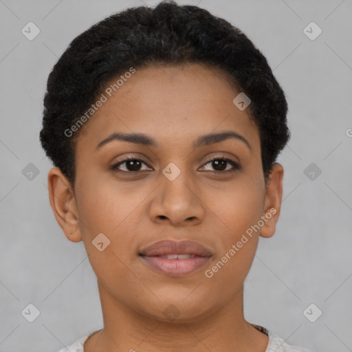 Joyful black young-adult female with short  brown hair and brown eyes