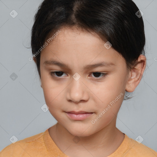 Joyful white child female with short  brown hair and brown eyes