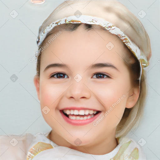 Joyful white child female with short  brown hair and brown eyes