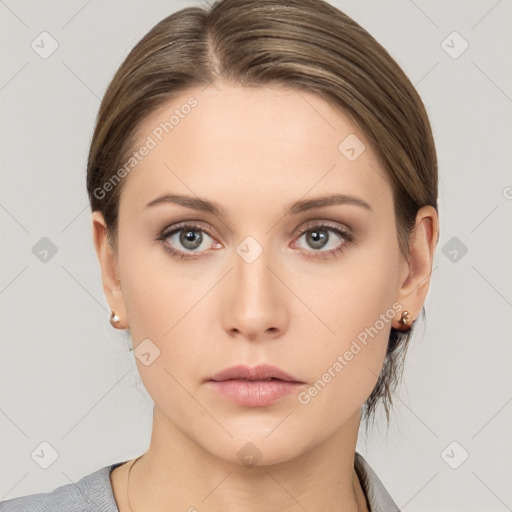 Neutral white young-adult female with medium  brown hair and grey eyes