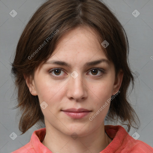 Neutral white young-adult female with medium  brown hair and brown eyes