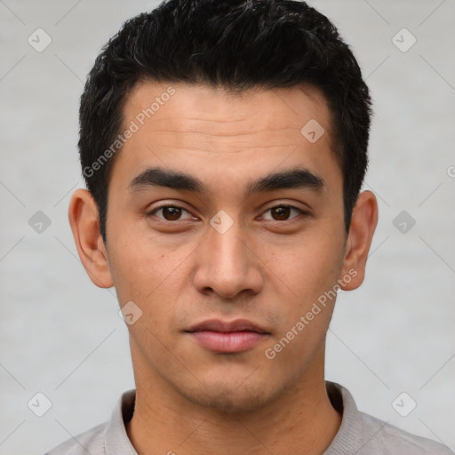 Neutral latino young-adult male with short  black hair and brown eyes