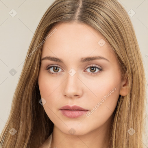 Neutral white young-adult female with long  brown hair and brown eyes