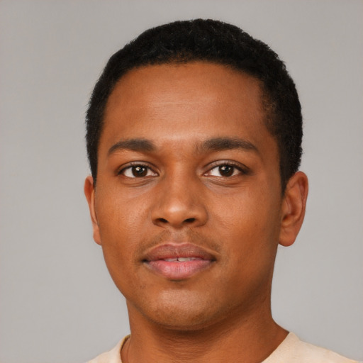 Neutral black young-adult male with short  black hair and brown eyes