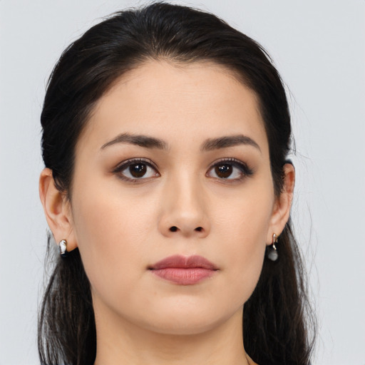 Neutral asian young-adult female with long  brown hair and brown eyes