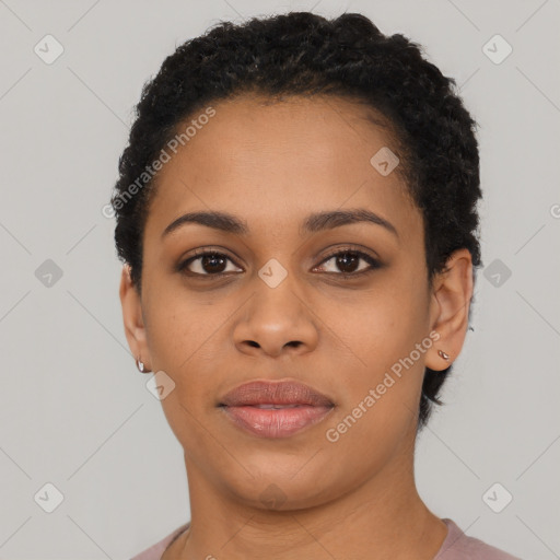 Neutral black young-adult female with short  black hair and brown eyes