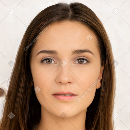 Neutral white young-adult female with long  brown hair and brown eyes