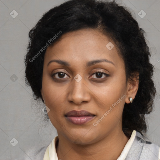 Joyful latino young-adult female with medium  black hair and brown eyes