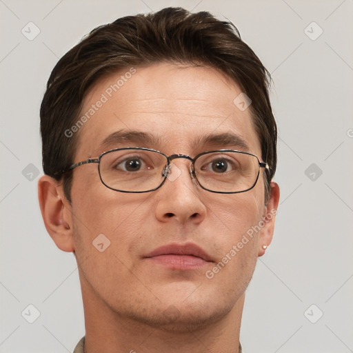 Neutral white adult male with short  brown hair and brown eyes