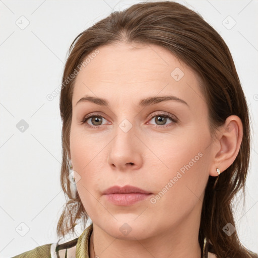 Neutral white young-adult female with medium  brown hair and grey eyes