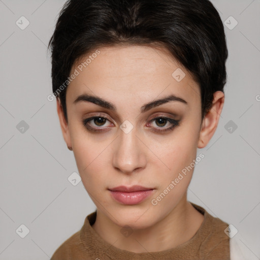 Neutral white young-adult female with short  brown hair and brown eyes