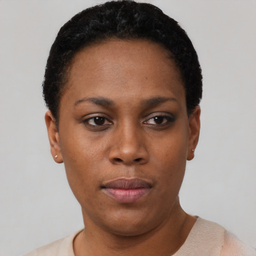 Neutral black young-adult female with short  black hair and brown eyes