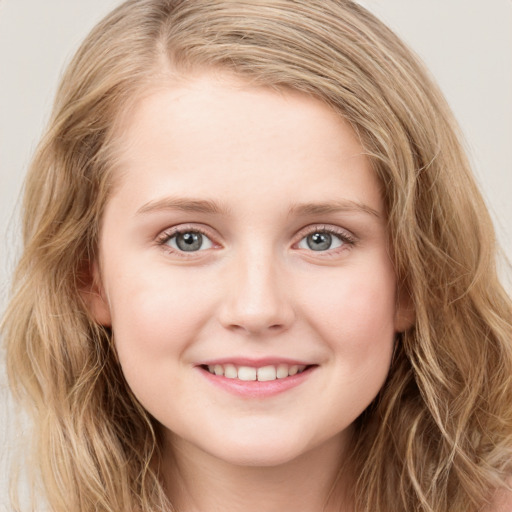 Joyful white young-adult female with long  brown hair and blue eyes