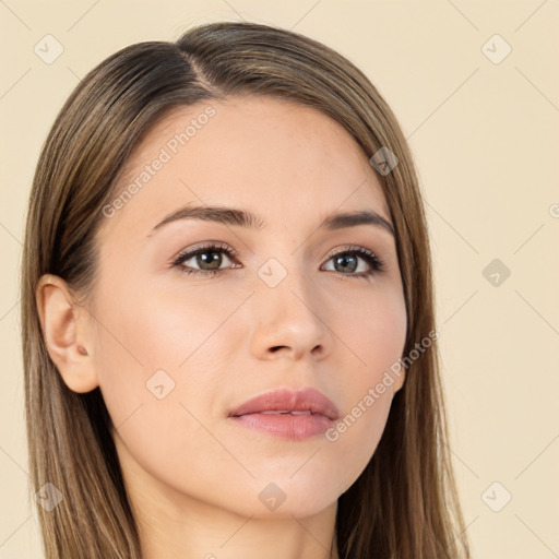 Neutral white young-adult female with long  brown hair and brown eyes