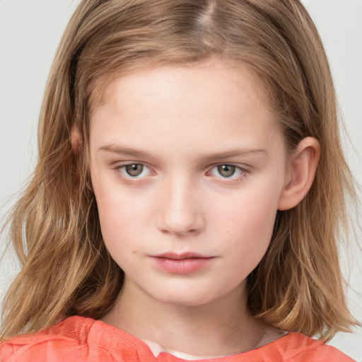 Neutral white child female with long  brown hair and grey eyes