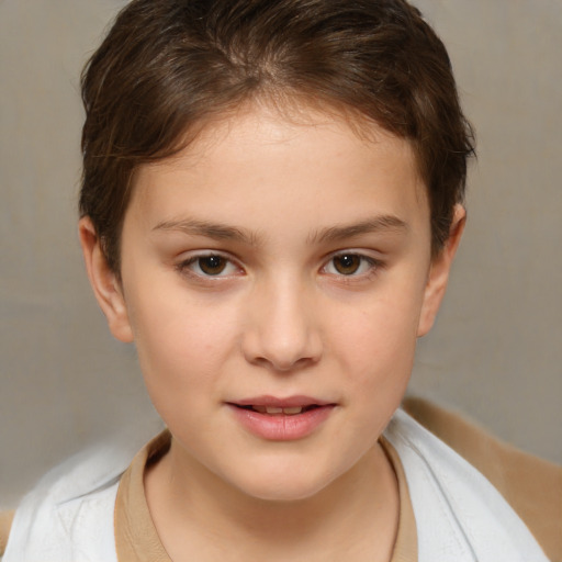 Joyful white child female with short  brown hair and brown eyes