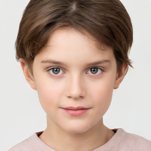 Neutral white child female with short  brown hair and grey eyes