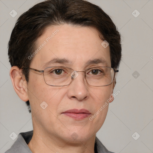 Joyful white adult male with short  brown hair and grey eyes