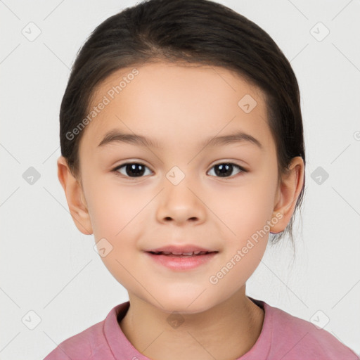 Joyful white child female with medium  brown hair and brown eyes